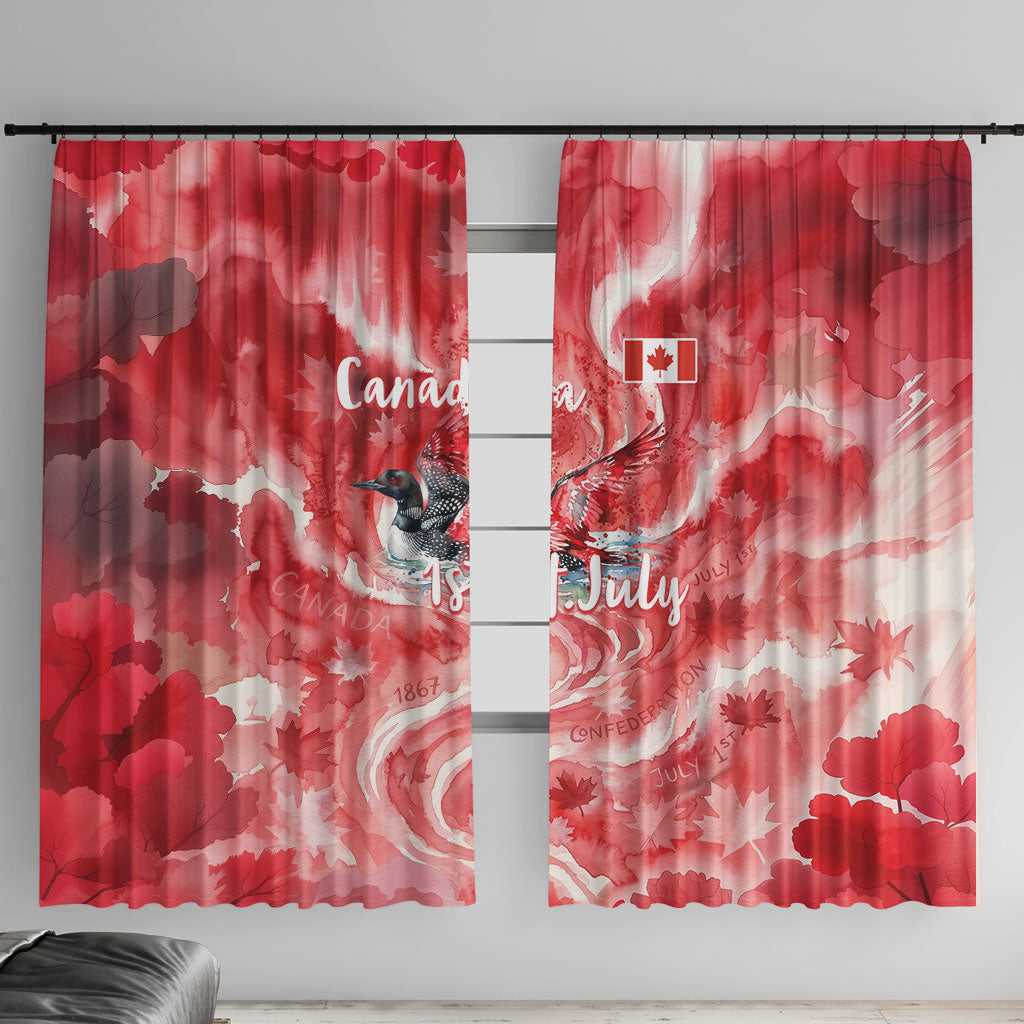 Canada Day Loon And Maple Leaf Window Curtain Watercolor Nature Scenery Mari Usque Ad Mare Artistic