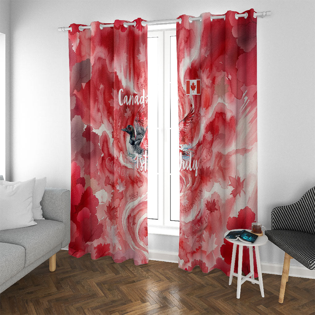 Canada Day Loon And Maple Leaf Window Curtain Watercolor Nature Scenery Mari Usque Ad Mare Artistic