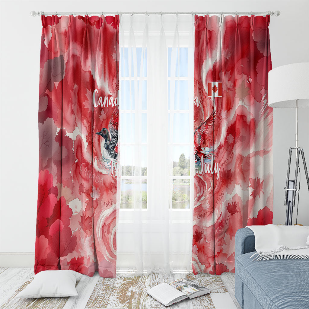 Canada Day Loon And Maple Leaf Window Curtain Watercolor Nature Scenery Mari Usque Ad Mare Artistic