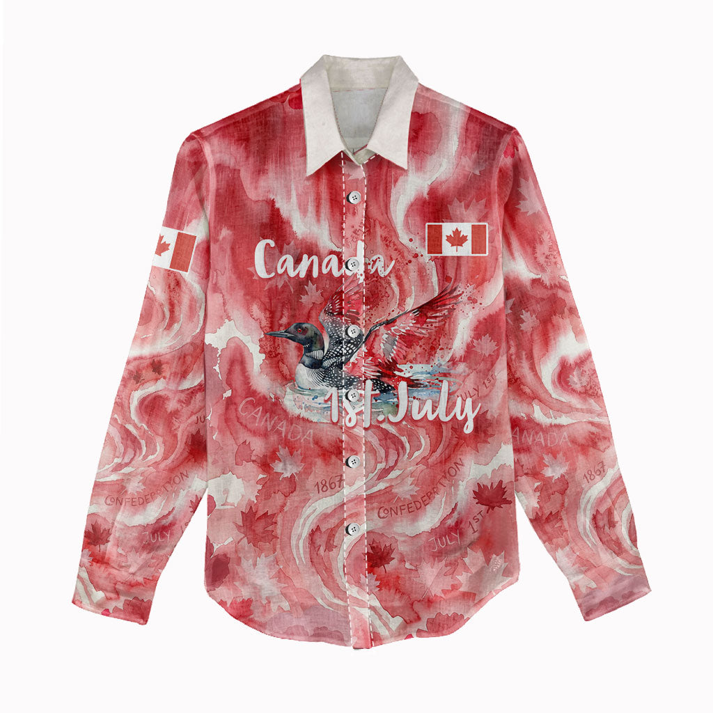 Canada Day Loon And Maple Leaf Women Casual Shirt Watercolor Nature Scenery Mari Usque Ad Mare Artistic