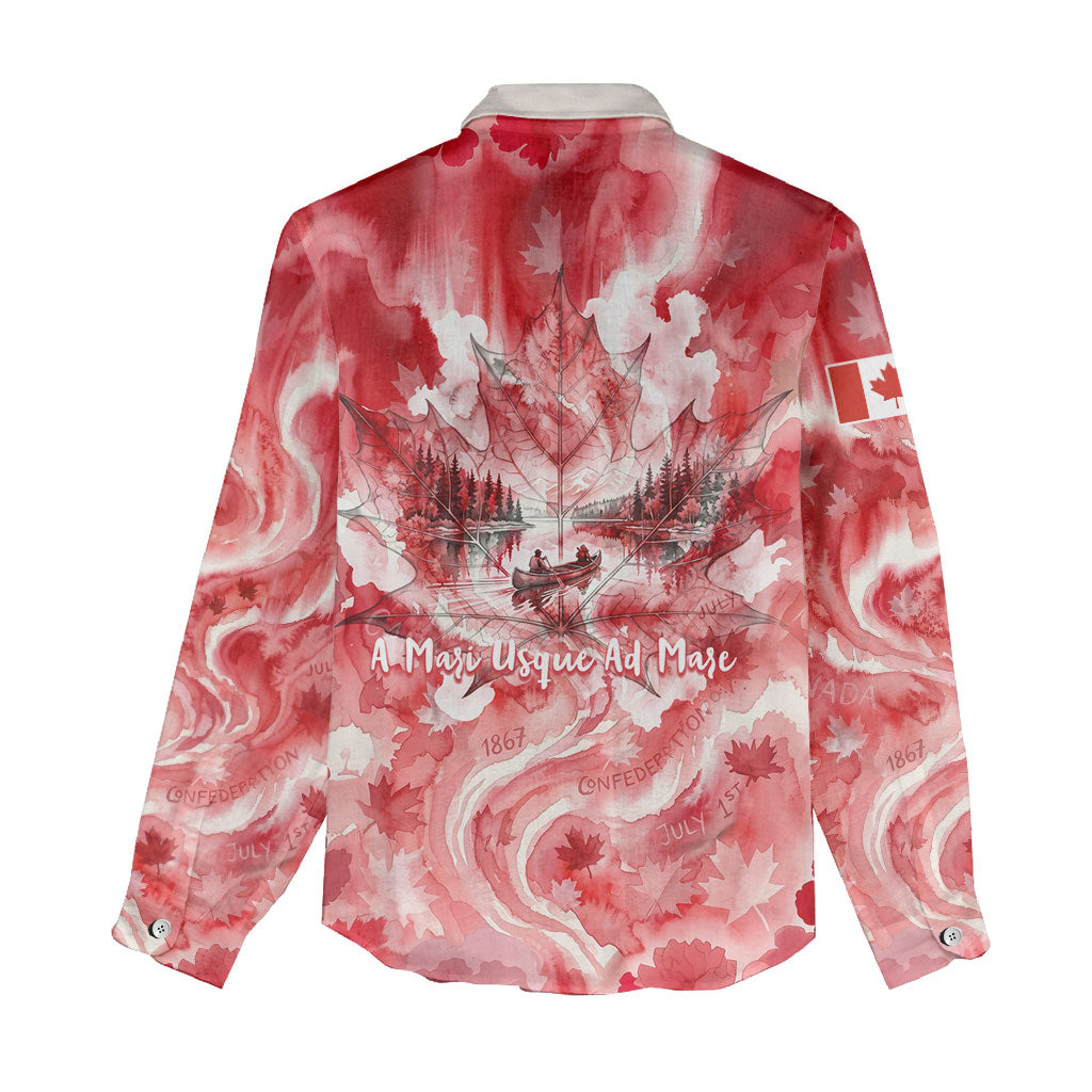 Canada Day Loon And Maple Leaf Women Casual Shirt Watercolor Nature Scenery Mari Usque Ad Mare Artistic