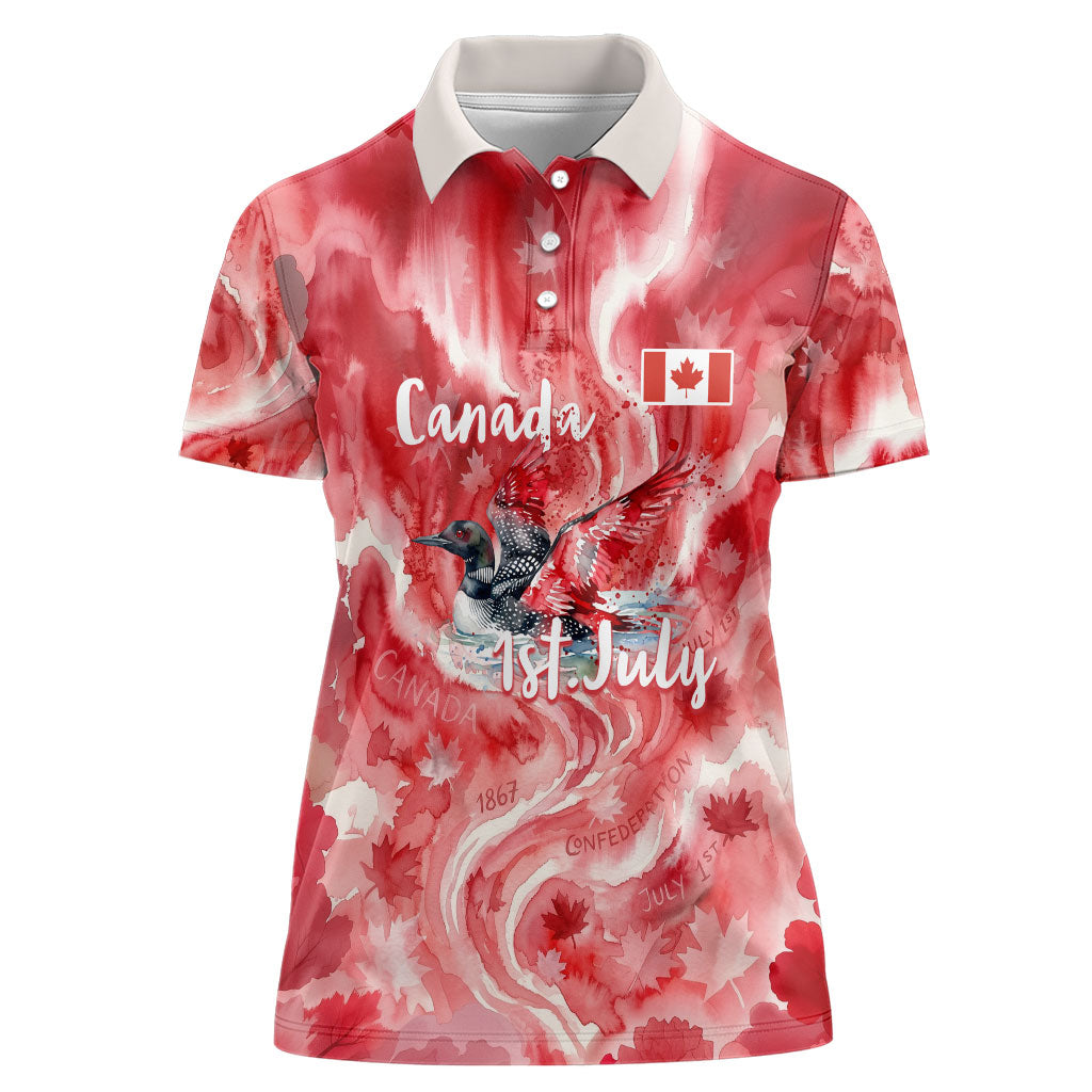 Canada Day Loon And Maple Leaf Women Polo Shirt Watercolor Nature Scenery Mari Usque Ad Mare Artistic