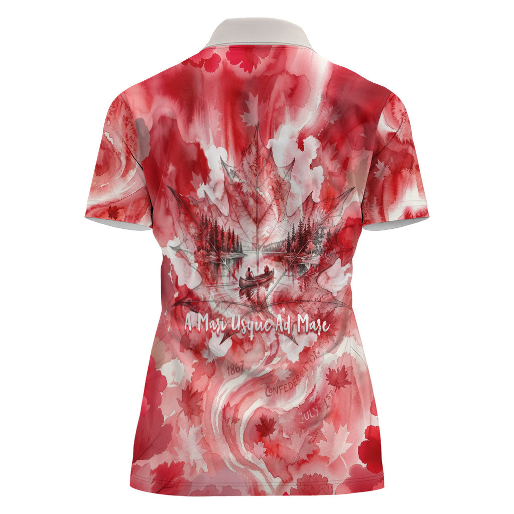 Canada Day Loon And Maple Leaf Women Polo Shirt Watercolor Nature Scenery Mari Usque Ad Mare Artistic