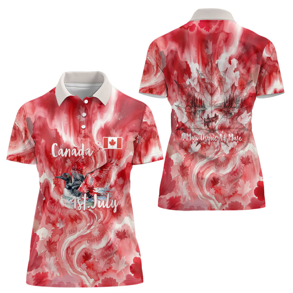 Canada Day Loon And Maple Leaf Women Polo Shirt Watercolor Nature Scenery Mari Usque Ad Mare Artistic