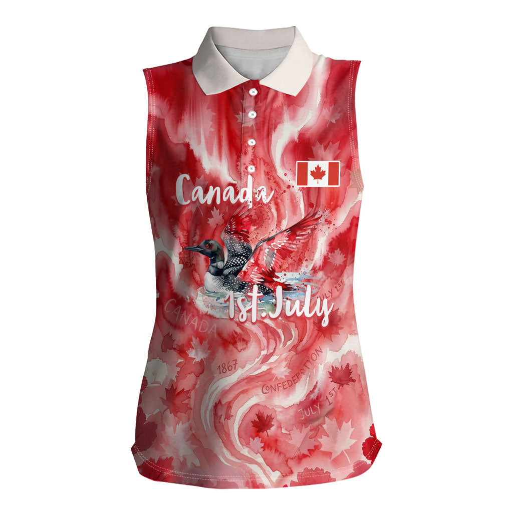 Canada Day Loon And Maple Leaf Women Sleeveless Polo Shirt Watercolor Nature Scenery Mari Usque Ad Mare Artistic