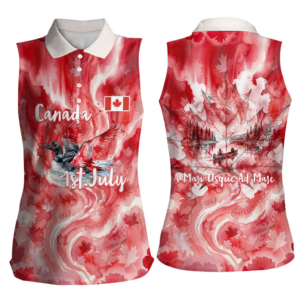 Canada Day Loon And Maple Leaf Women Sleeveless Polo Shirt Watercolor Nature Scenery Mari Usque Ad Mare Artistic