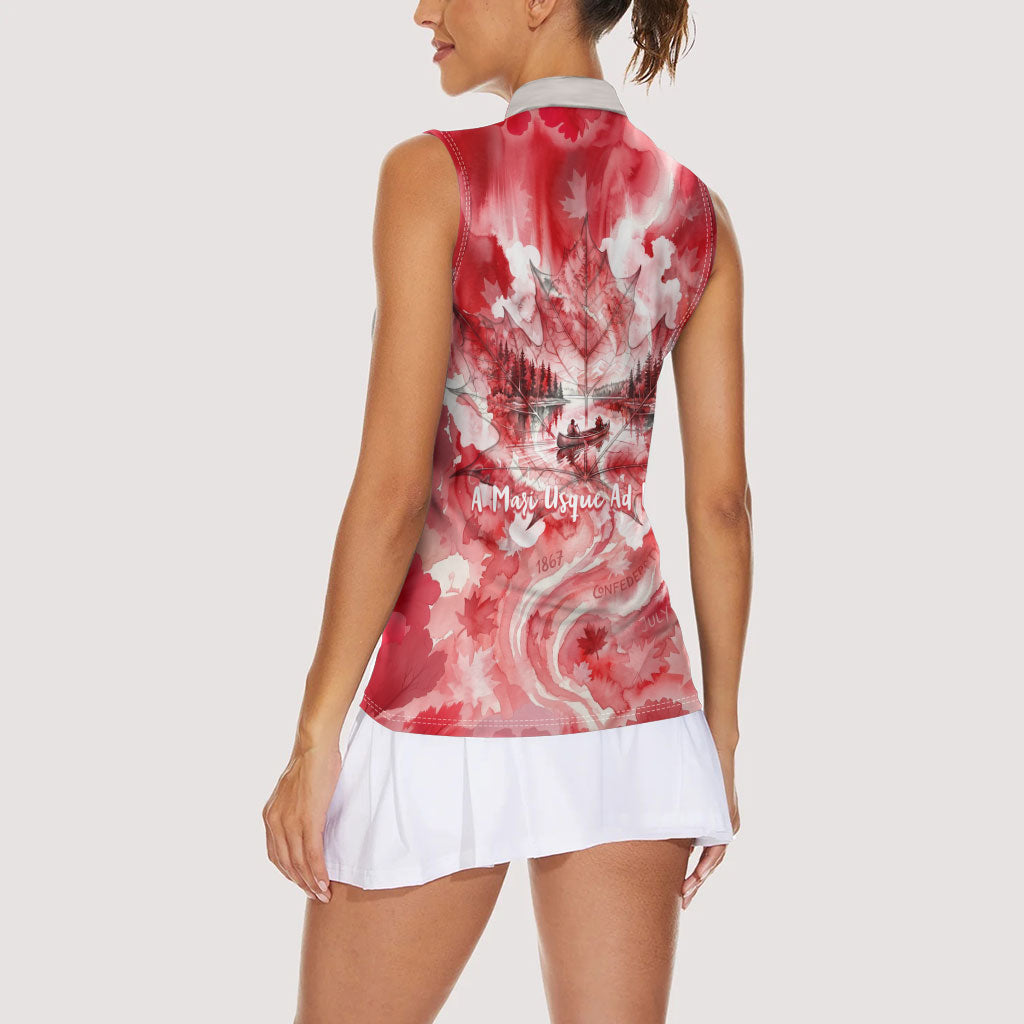 Canada Day Loon And Maple Leaf Women Sleeveless Polo Shirt Watercolor Nature Scenery Mari Usque Ad Mare Artistic