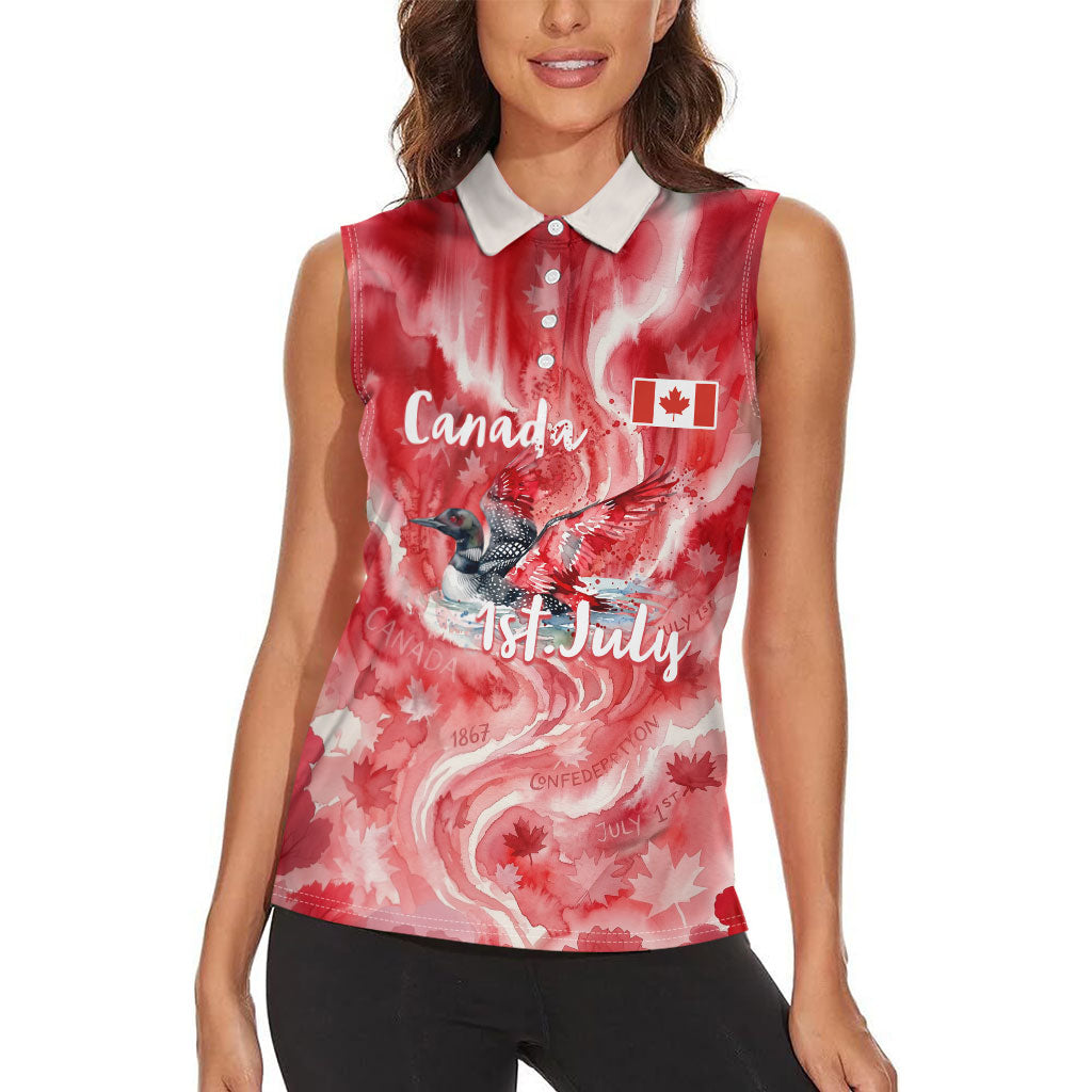Canada Day Loon And Maple Leaf Women Sleeveless Polo Shirt Watercolor Nature Scenery Mari Usque Ad Mare Artistic