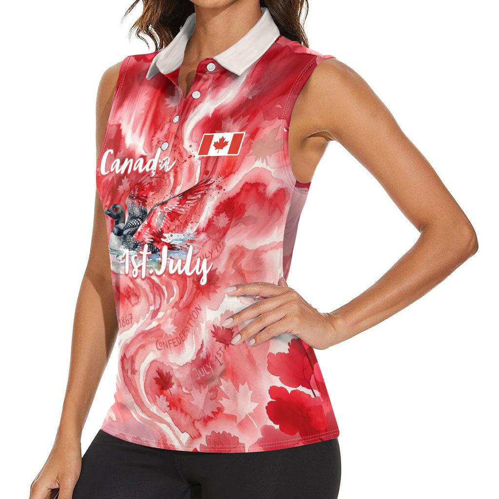 Canada Day Loon And Maple Leaf Women Sleeveless Polo Shirt Watercolor Nature Scenery Mari Usque Ad Mare Artistic