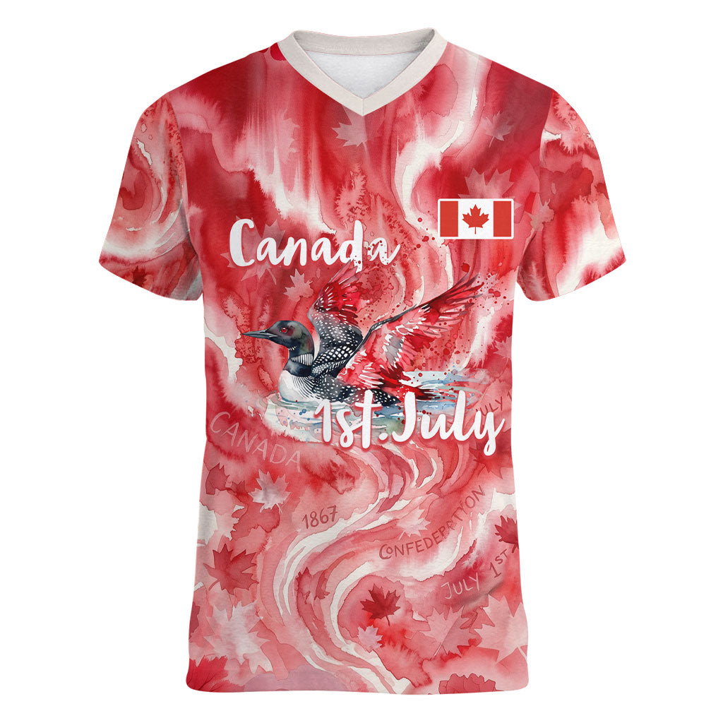 Canada Day Loon And Maple Leaf Women V-Neck T-Shirt Watercolor Nature Scenery Mari Usque Ad Mare Artistic