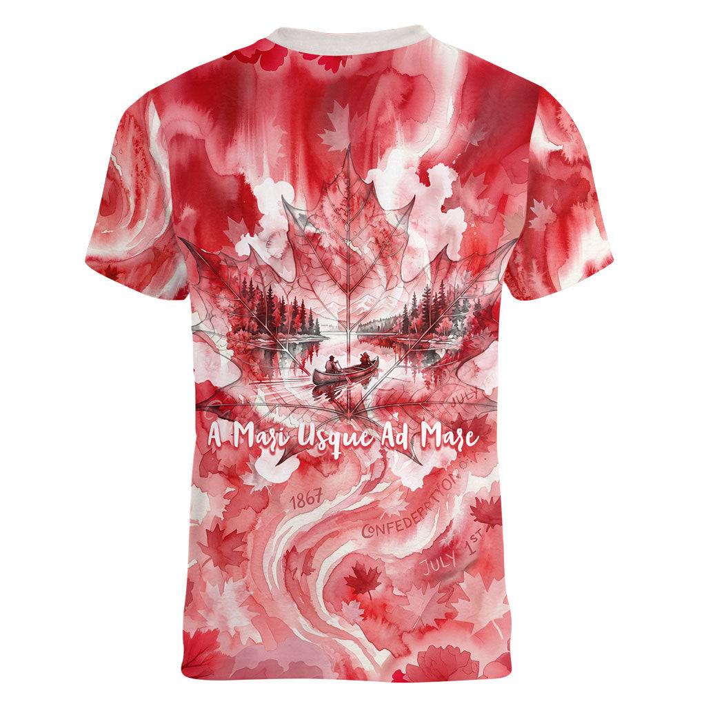 Canada Day Loon And Maple Leaf Women V-Neck T-Shirt Watercolor Nature Scenery Mari Usque Ad Mare Artistic