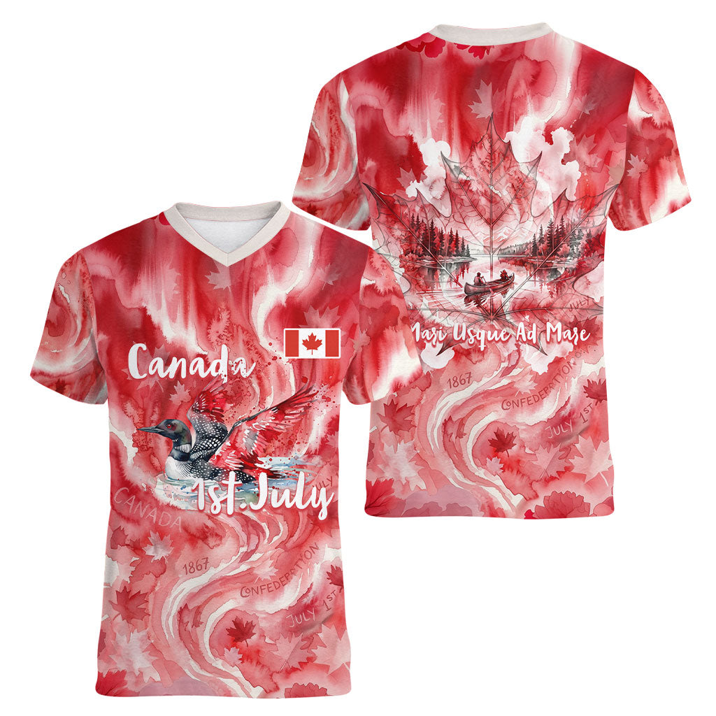 Canada Day Loon And Maple Leaf Women V-Neck T-Shirt Watercolor Nature Scenery Mari Usque Ad Mare Artistic
