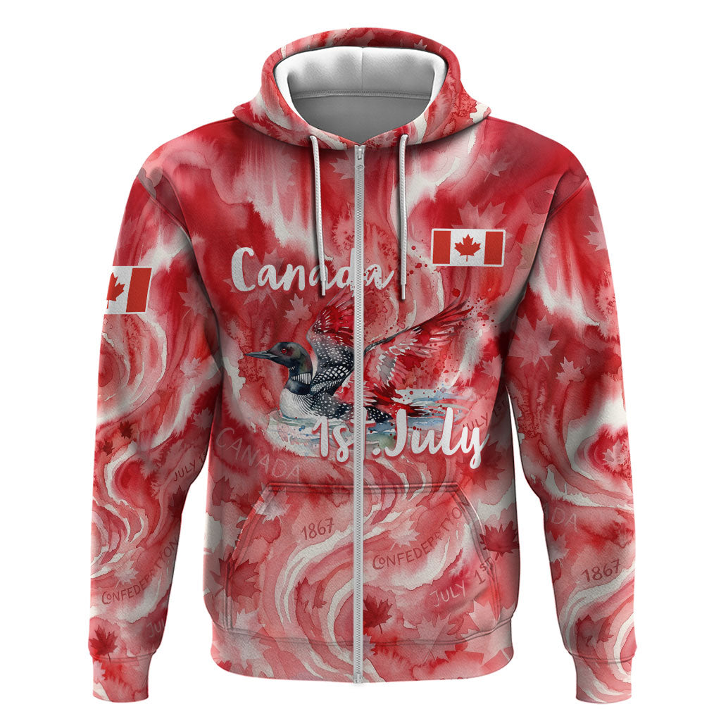 Canada Day Loon And Maple Leaf Zip Hoodie Watercolor Nature Scenery Mari Usque Ad Mare Artistic