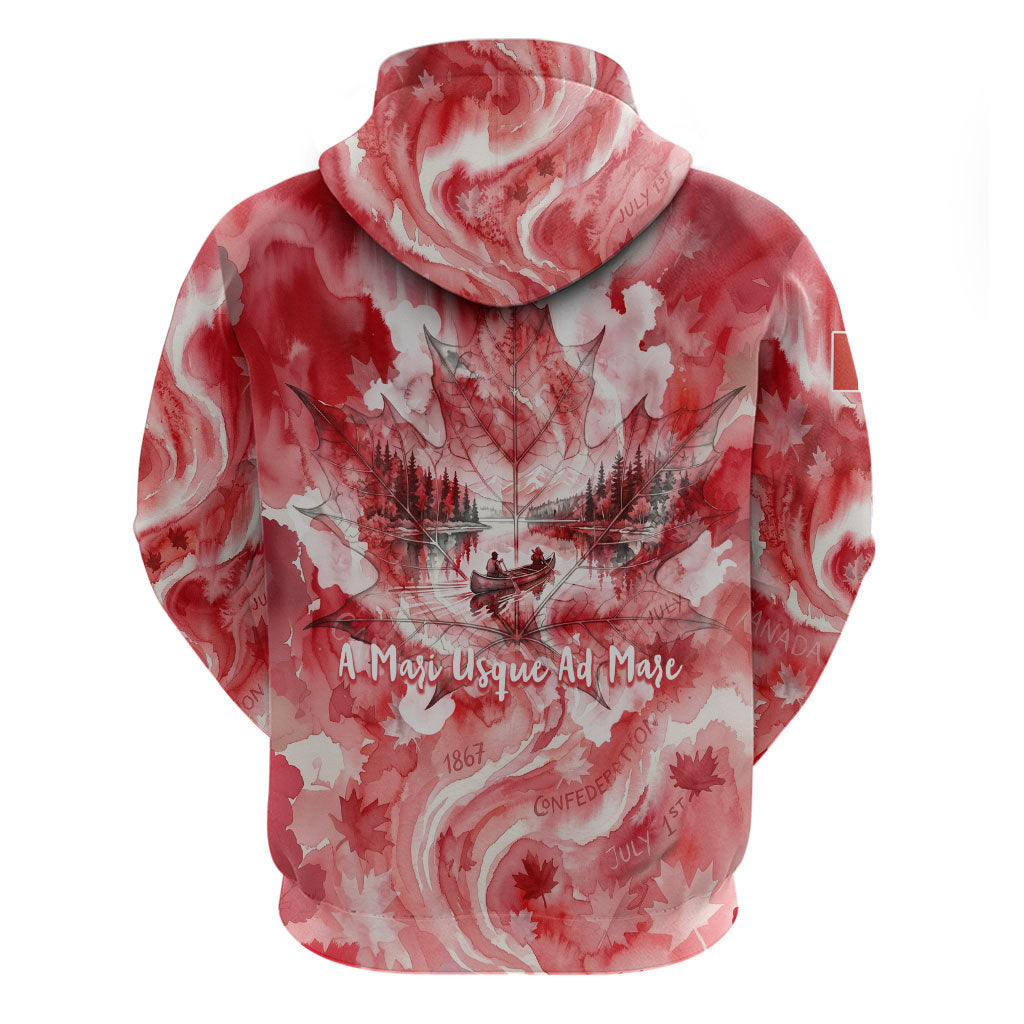 Canada Day Loon And Maple Leaf Zip Hoodie Watercolor Nature Scenery Mari Usque Ad Mare Artistic