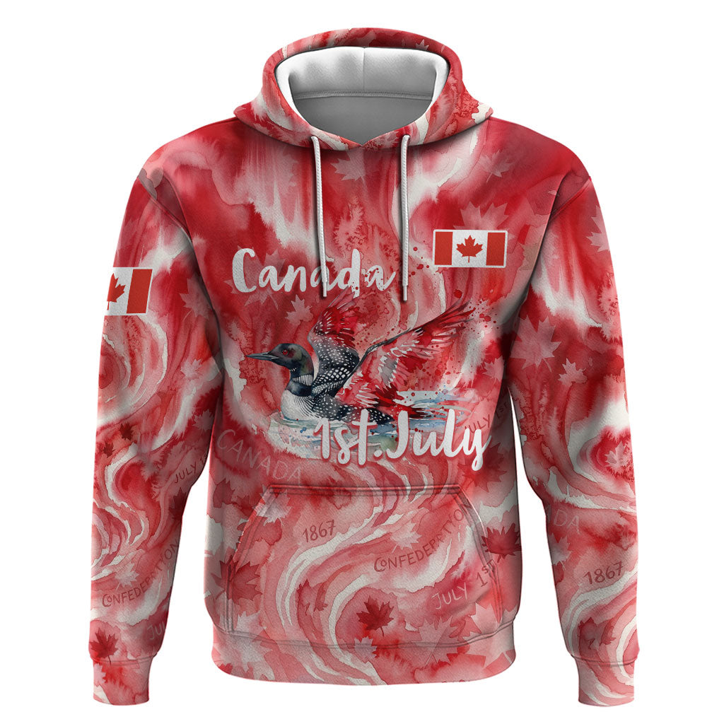 Canada Day Loon And Maple Leaf Zip Hoodie Watercolor Nature Scenery Mari Usque Ad Mare Artistic
