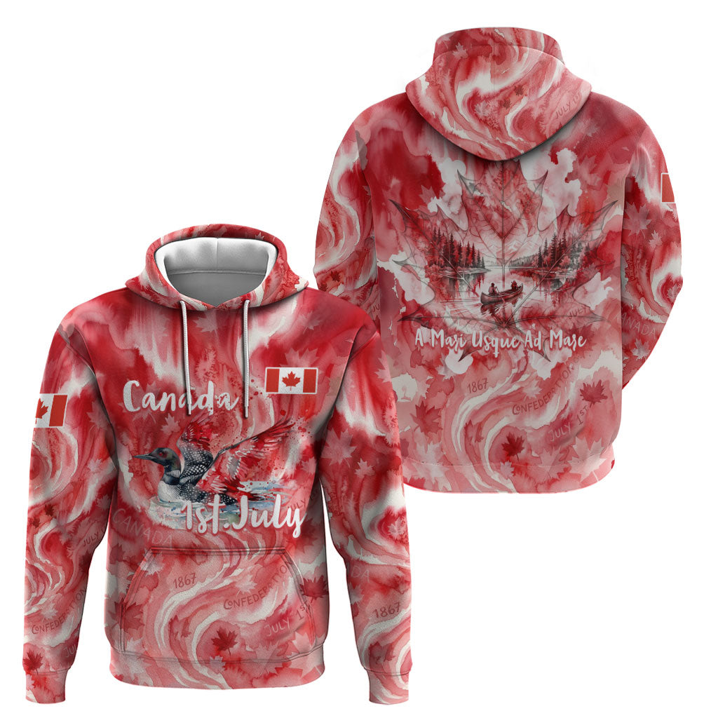 Canada Day Loon And Maple Leaf Zip Hoodie Watercolor Nature Scenery Mari Usque Ad Mare Artistic