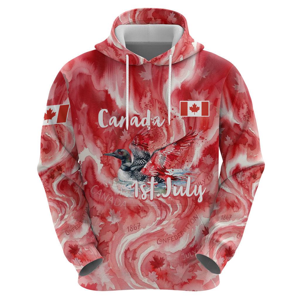 Canada Day Loon And Maple Leaf Zip Hoodie Watercolor Nature Scenery Mari Usque Ad Mare Artistic