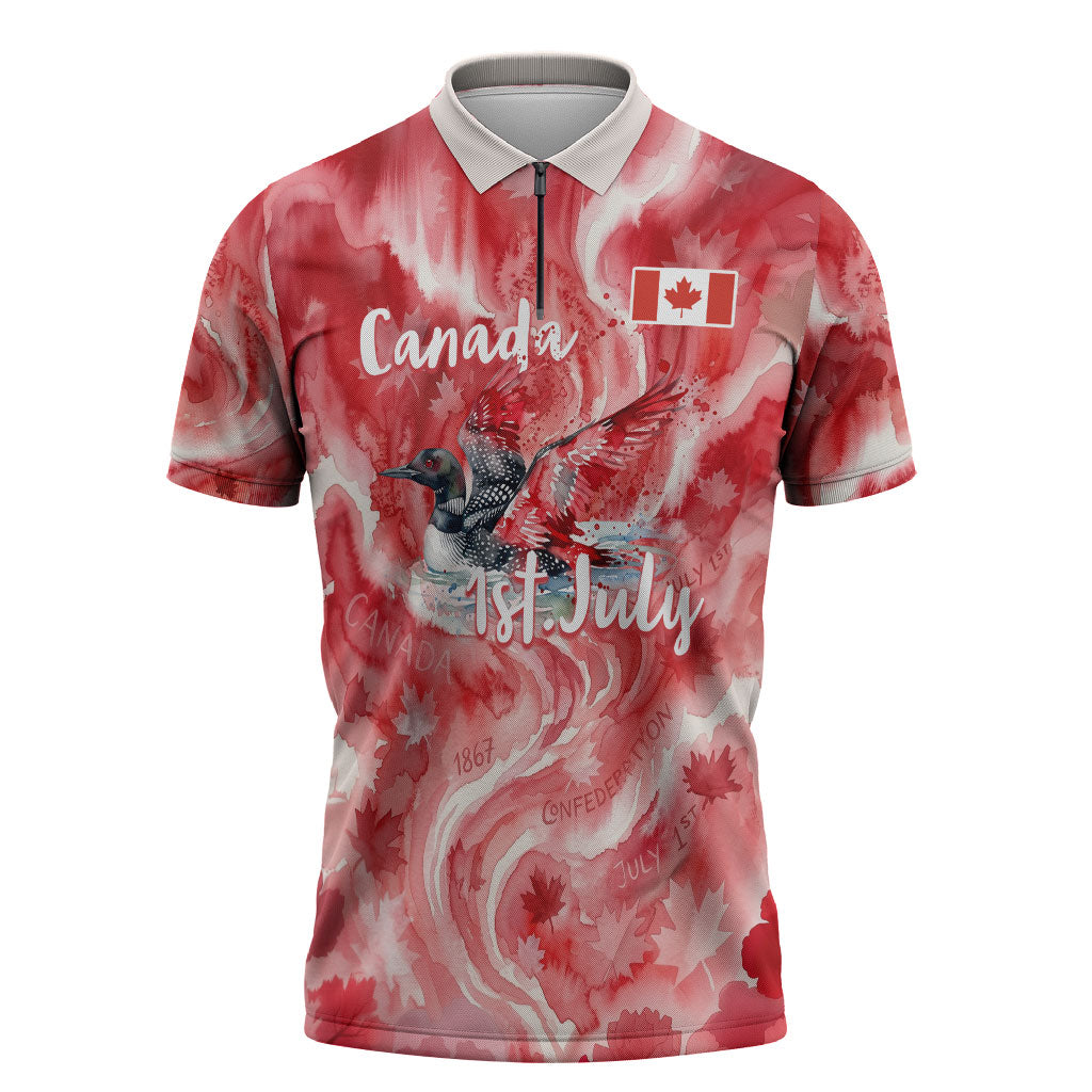 Canada Day Loon And Maple Leaf Zipper Polo Shirt Watercolor Nature Scenery Mari Usque Ad Mare Artistic