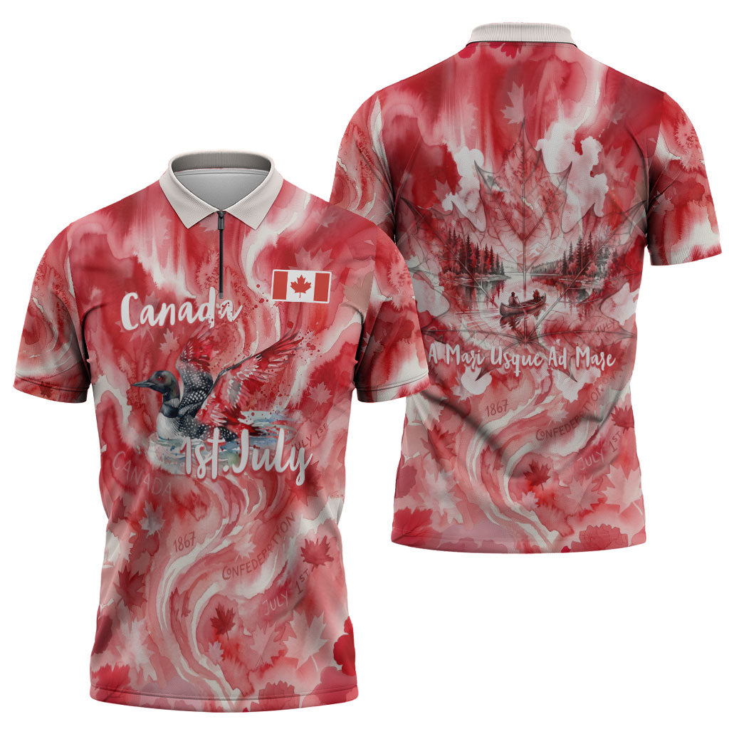 Canada Day Loon And Maple Leaf Zipper Polo Shirt Watercolor Nature Scenery Mari Usque Ad Mare Artistic