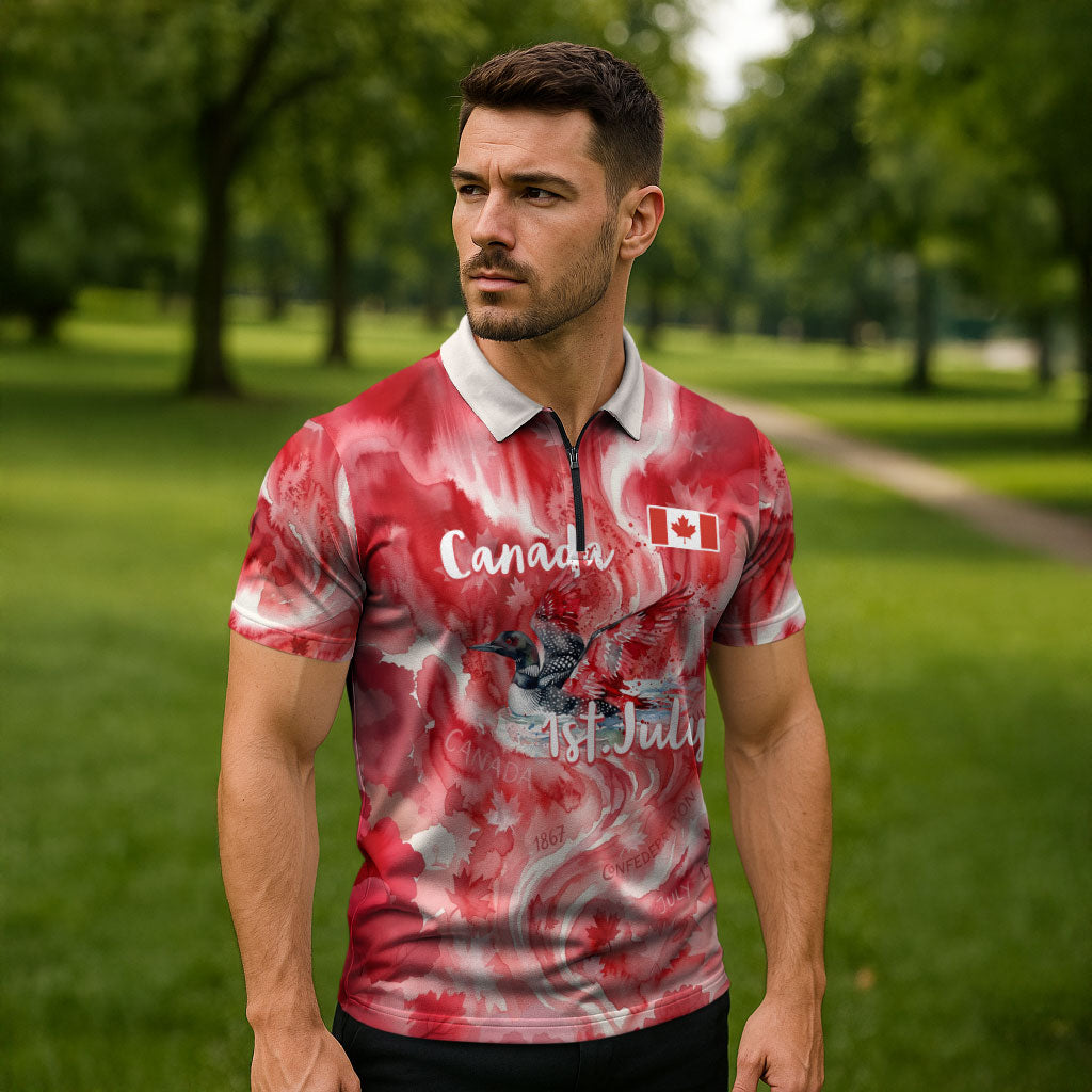 Canada Day Loon And Maple Leaf Zipper Polo Shirt Watercolor Nature Scenery Mari Usque Ad Mare Artistic
