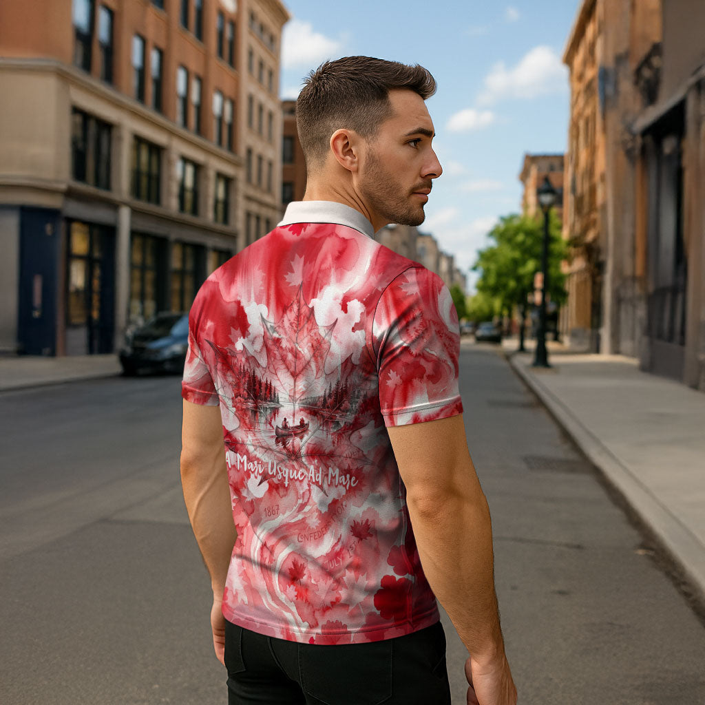 Canada Day Loon And Maple Leaf Zipper Polo Shirt Watercolor Nature Scenery Mari Usque Ad Mare Artistic