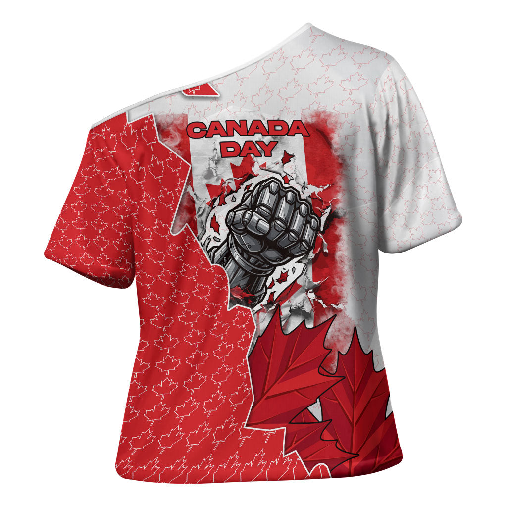 Canada Day Cross Shoulder Shirt Patriotic Maple Leaf - Robotic Fist