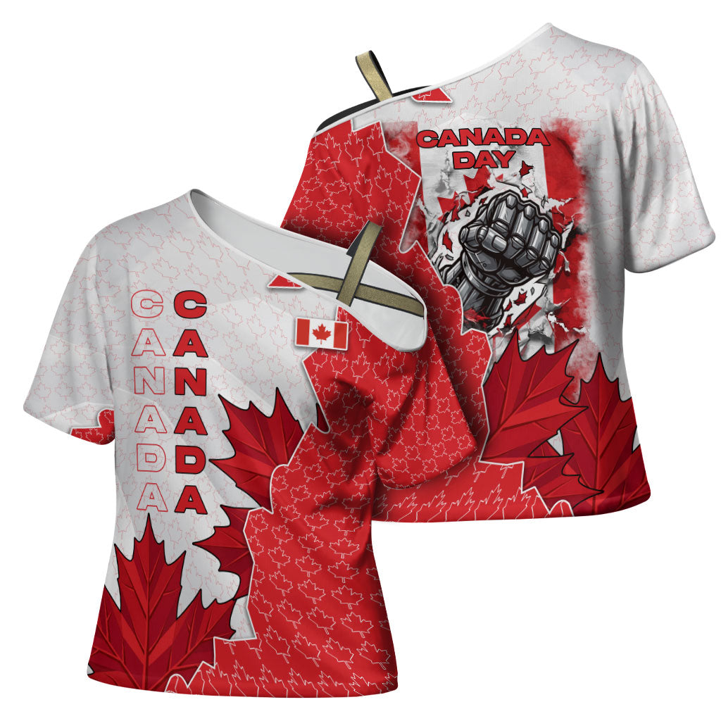 Canada Day Cross Shoulder Shirt Patriotic Maple Leaf - Robotic Fist