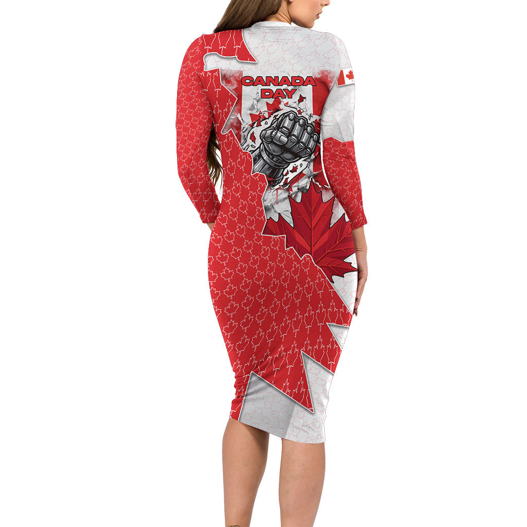 Canada Day Long Sleeve Bodycon Dress Patriotic Maple Leaf - Robotic Fist