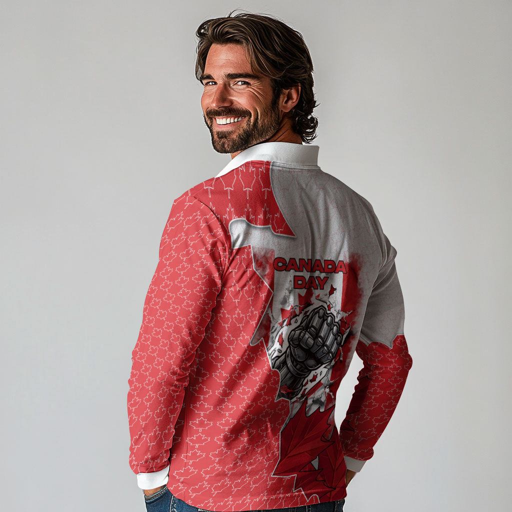 Canada Day Long Sleeve Polo Shirt Patriotic Maple Leaf - Robotic Fist