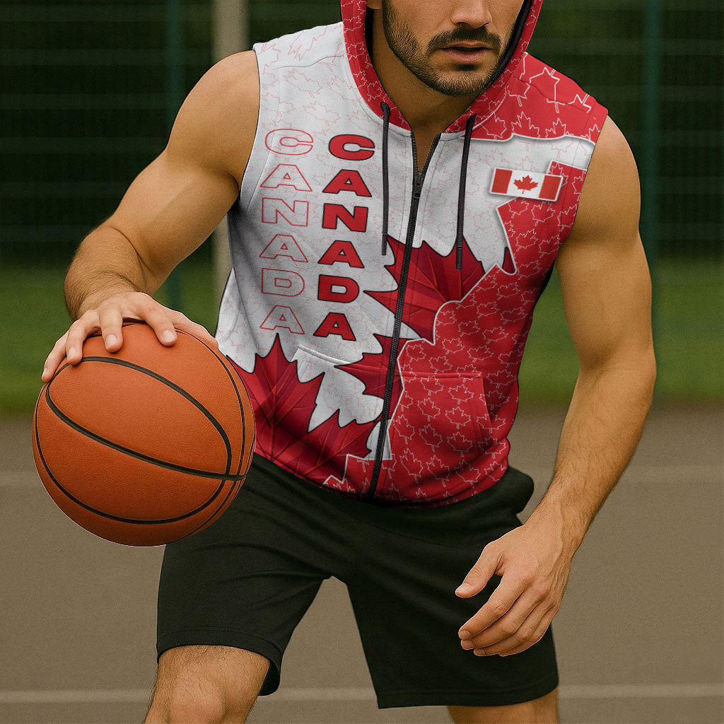 Canada Day Sleeveless Zip Hoodie Patriotic Maple Leaf - Robotic Fist