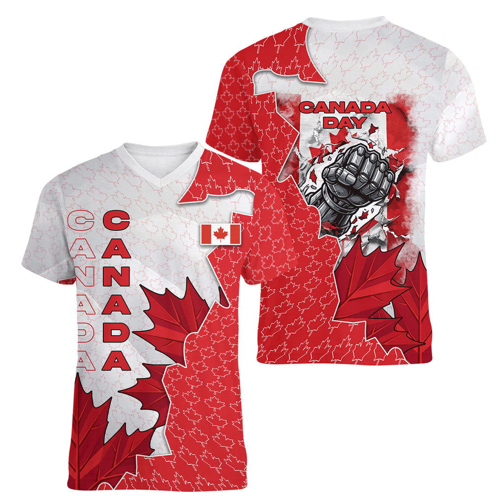 Canada Day Women V-Neck T-Shirt Patriotic Maple Leaf - Robotic Fist
