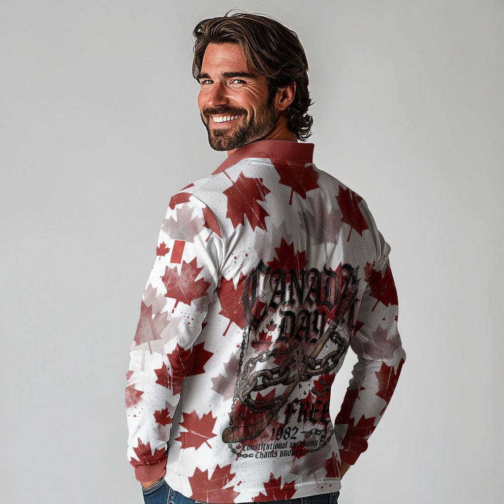 Canada Day Long Sleeve Polo Shirt Constitutional Autonomy 1982 Vintage - Broken Chains Freedom