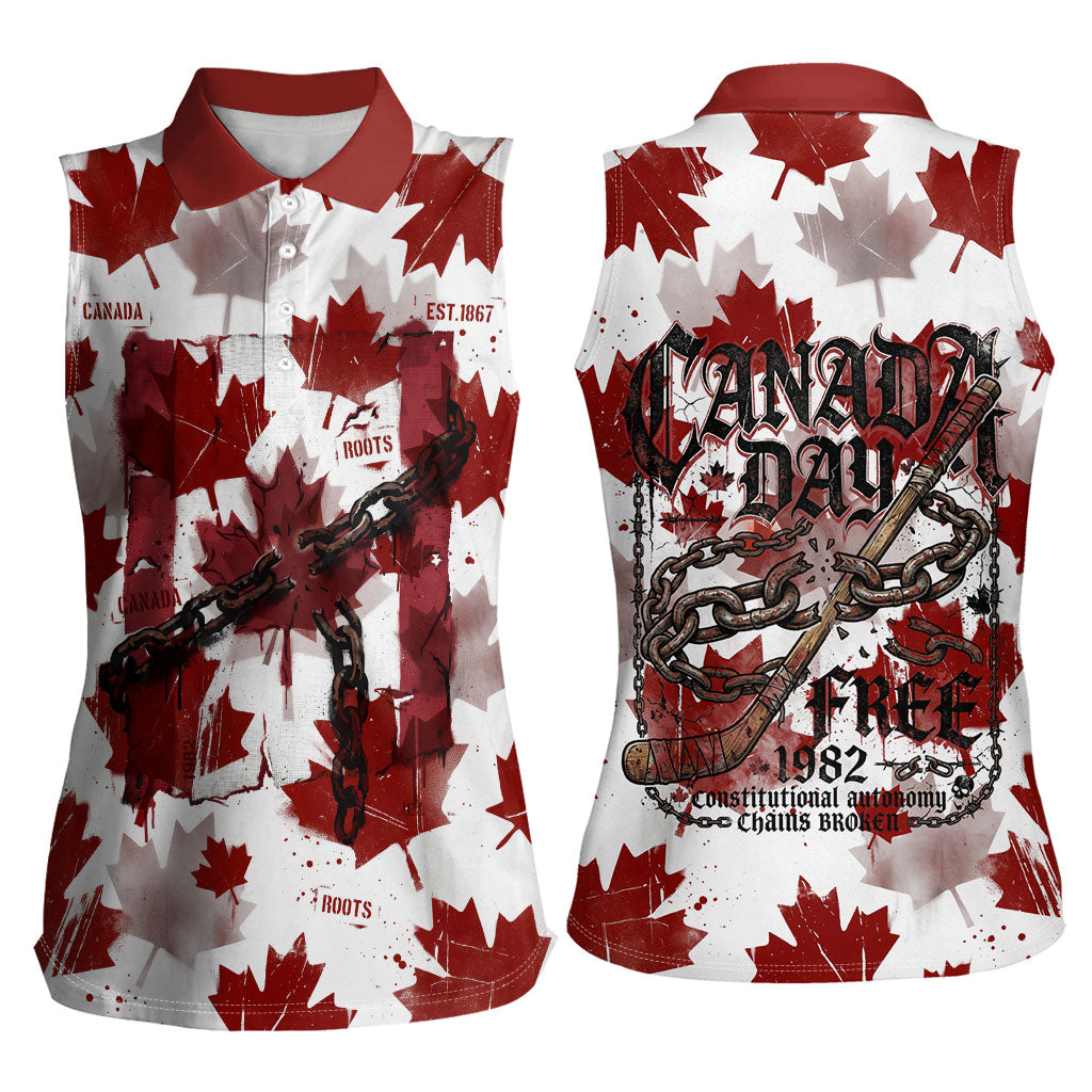Canada Day Women Sleeveless Polo Shirt Constitutional Autonomy 1982 Vintage - Broken Chains Freedom