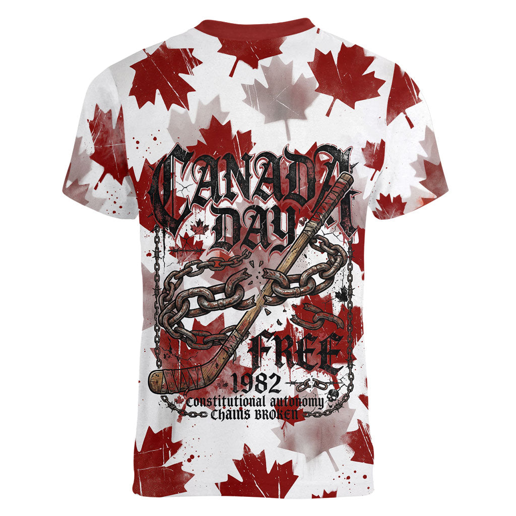 Canada Day Women V-Neck T-Shirt Constitutional Autonomy 1982 Vintage - Broken Chains Freedom