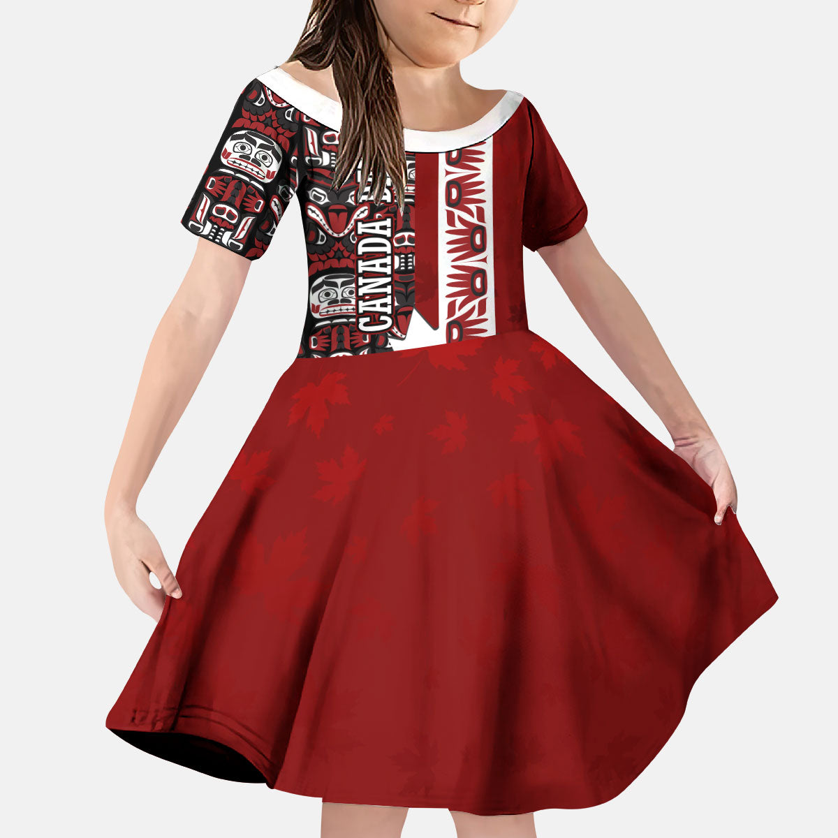 Canada Day Indigenous First Nations Kid Short Sleeve Dress Tribal Haida Totem Art One Nation