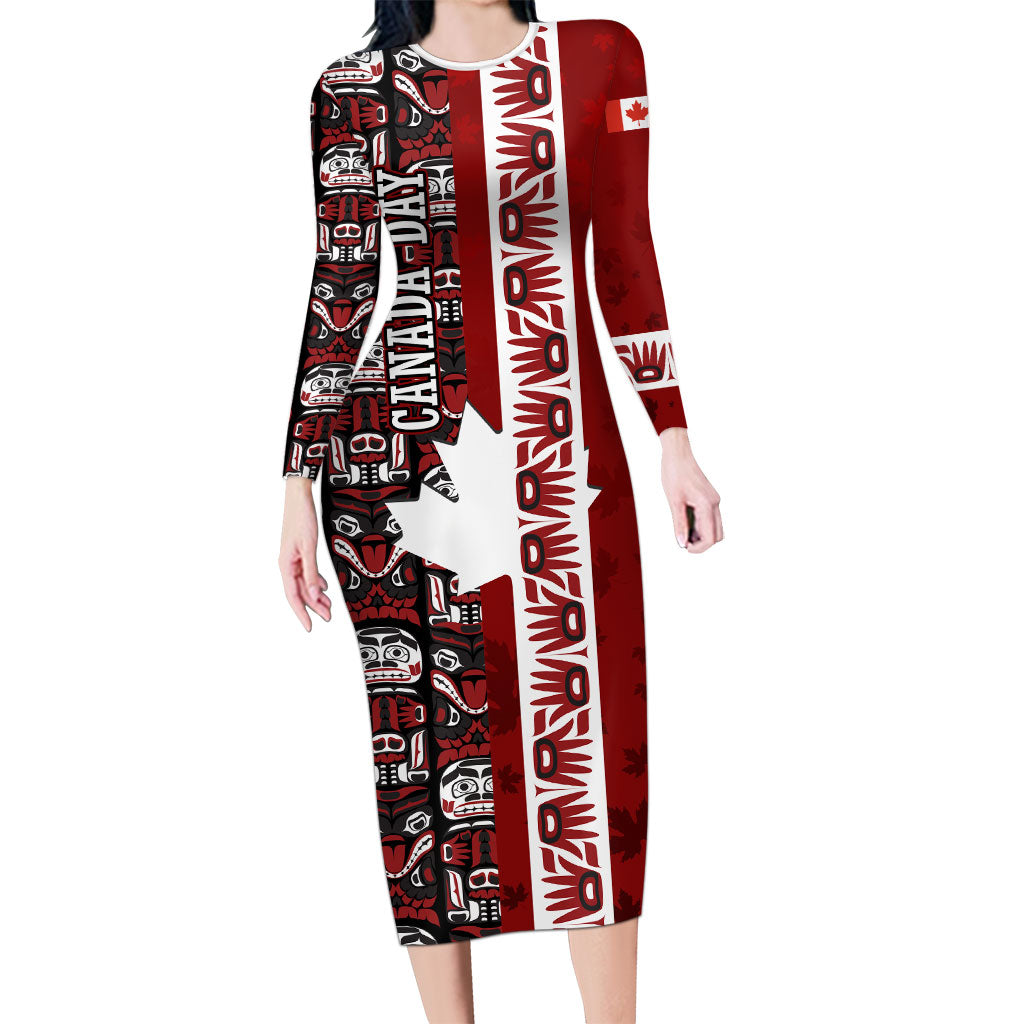 Canada Day Indigenous First Nations Long Sleeve Bodycon Dress Tribal Haida Totem Art One Nation