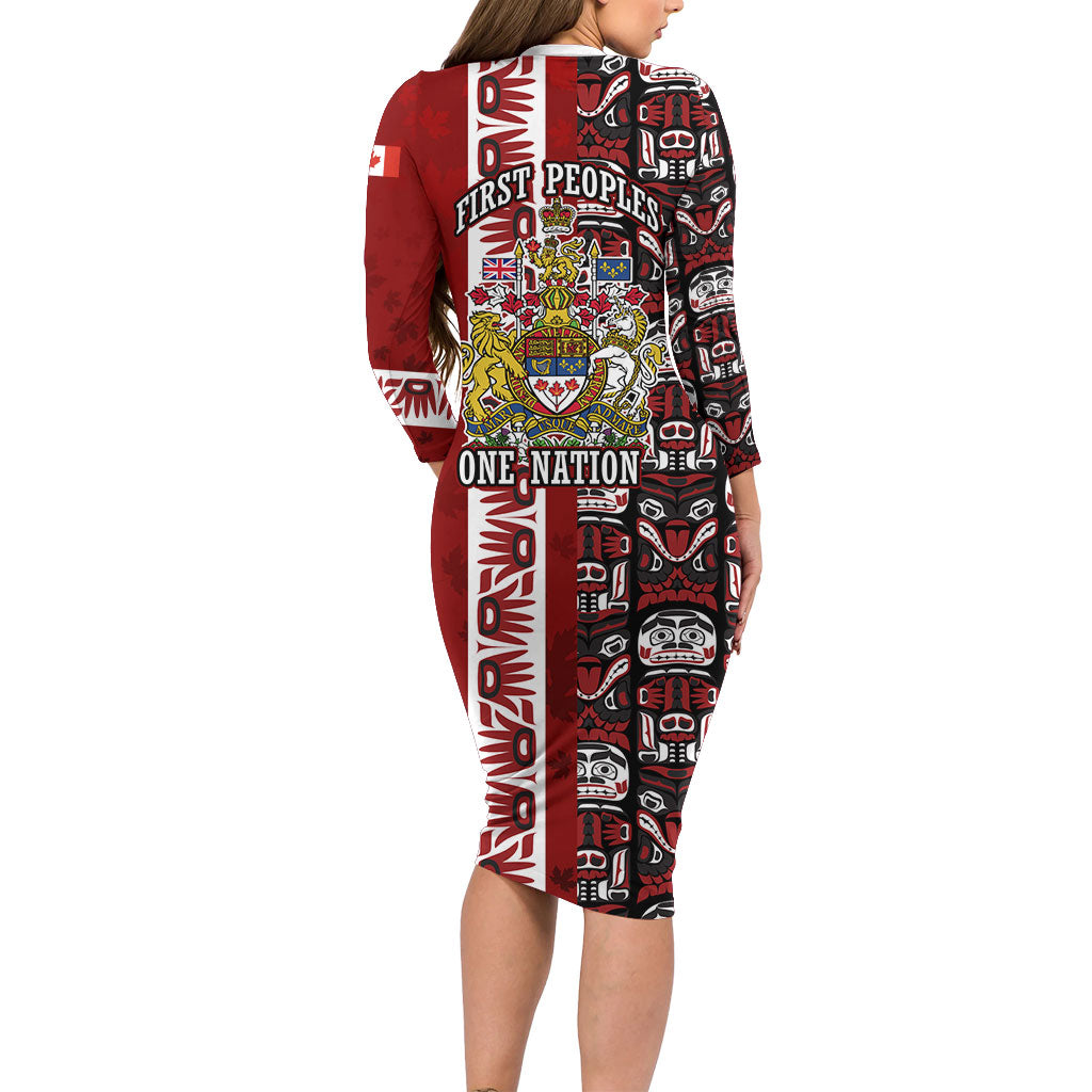 Canada Day Indigenous First Nations Long Sleeve Bodycon Dress Tribal Haida Totem Art One Nation
