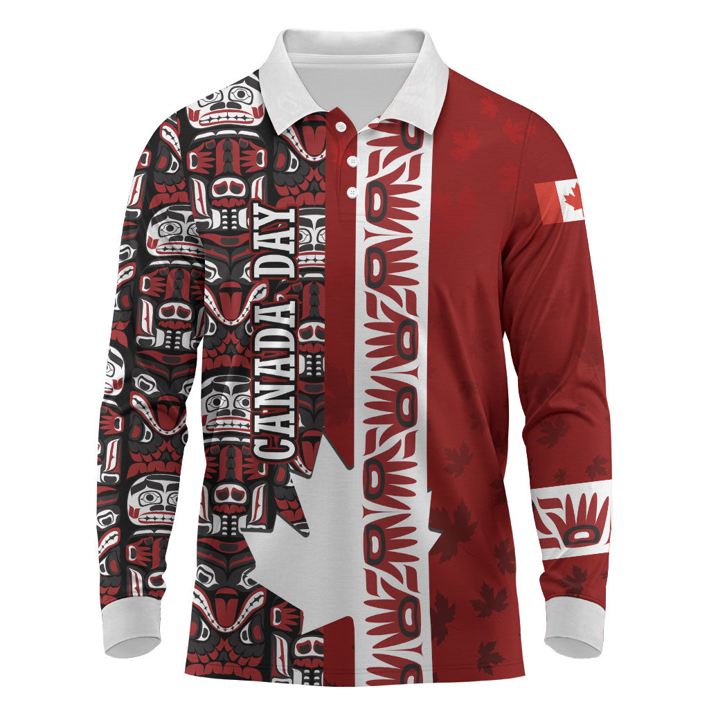 Canada Day Indigenous First Nations Long Sleeve Polo Shirt Tribal Haida Totem Art One Nation