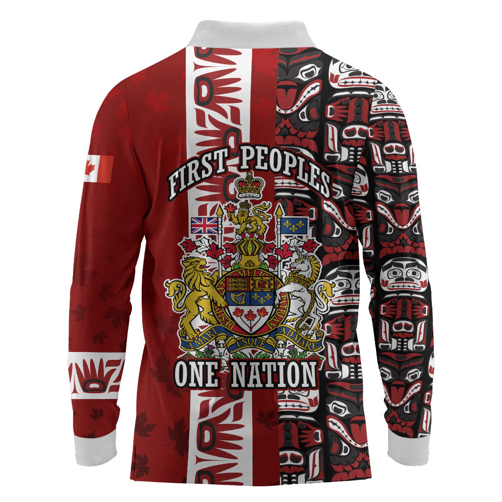 Canada Day Indigenous First Nations Long Sleeve Polo Shirt Tribal Haida Totem Art One Nation