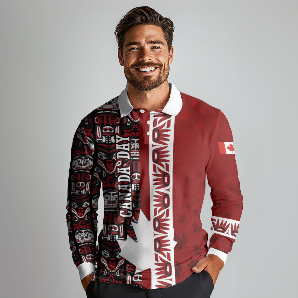 Canada Day Indigenous First Nations Long Sleeve Polo Shirt Tribal Haida Totem Art One Nation