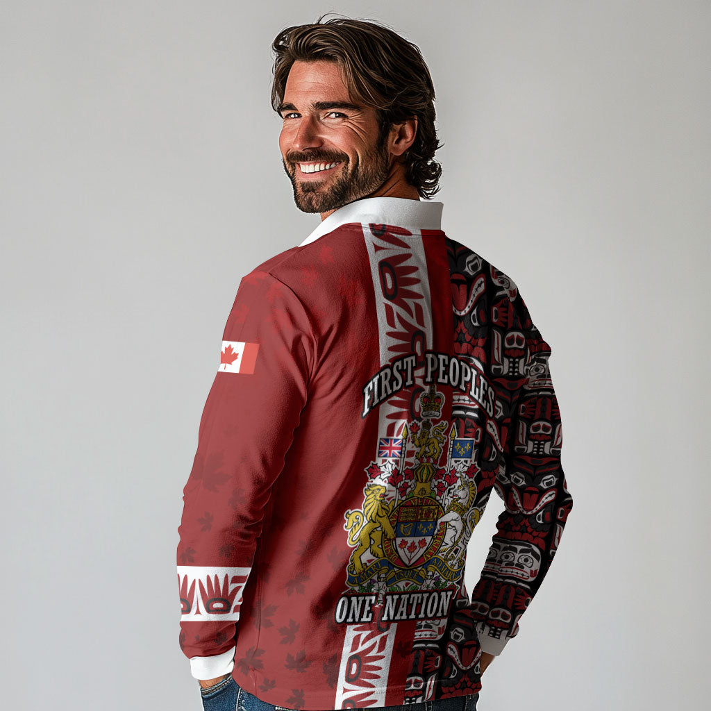 Canada Day Indigenous First Nations Long Sleeve Polo Shirt Tribal Haida Totem Art One Nation