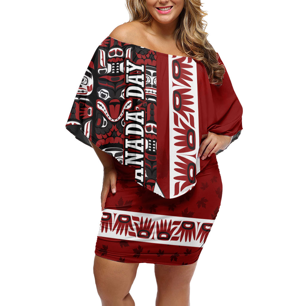Canada Day Indigenous First Nations Off Shoulder Short Dress Tribal Haida Totem Art One Nation