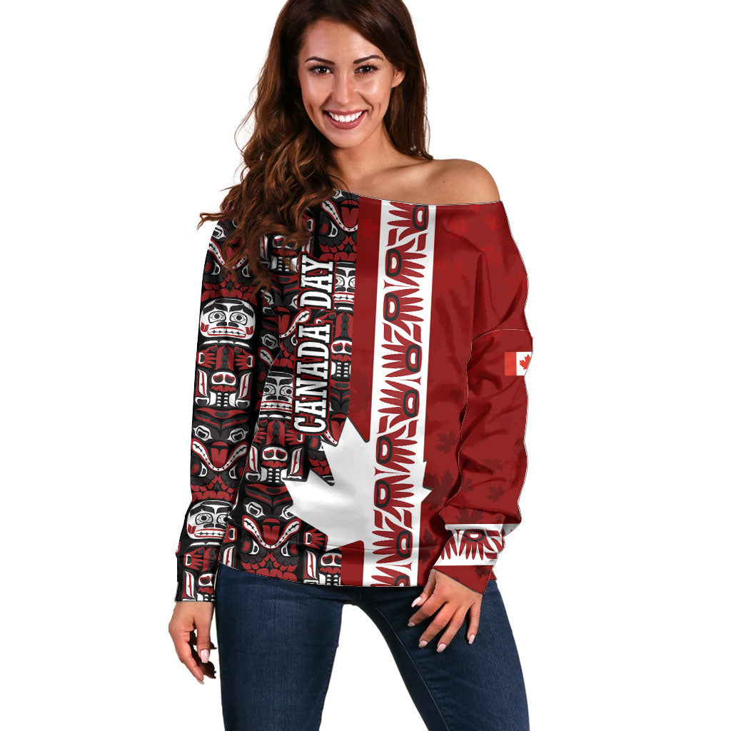 Canada Day Indigenous First Nations Off Shoulder Sweater Tribal Haida Totem Art One Nation