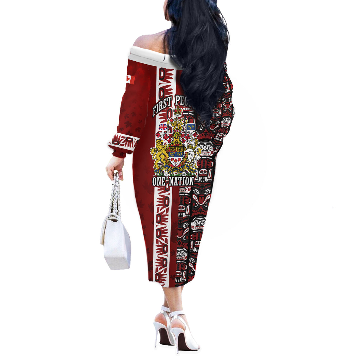 Canada Day Indigenous First Nations Off The Shoulder Long Sleeve Dress Tribal Haida Totem Art One Nation