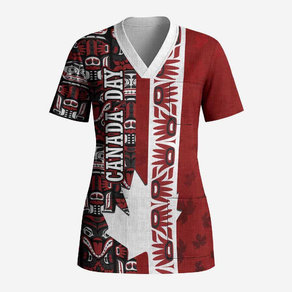 Canada Day Indigenous First Nations Scrub Top Tribal Haida Totem Art One Nation