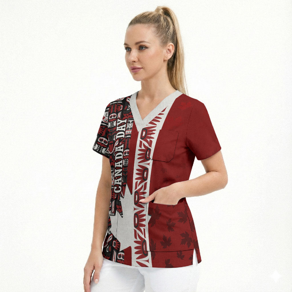 Canada Day Indigenous First Nations Scrub Top Tribal Haida Totem Art One Nation