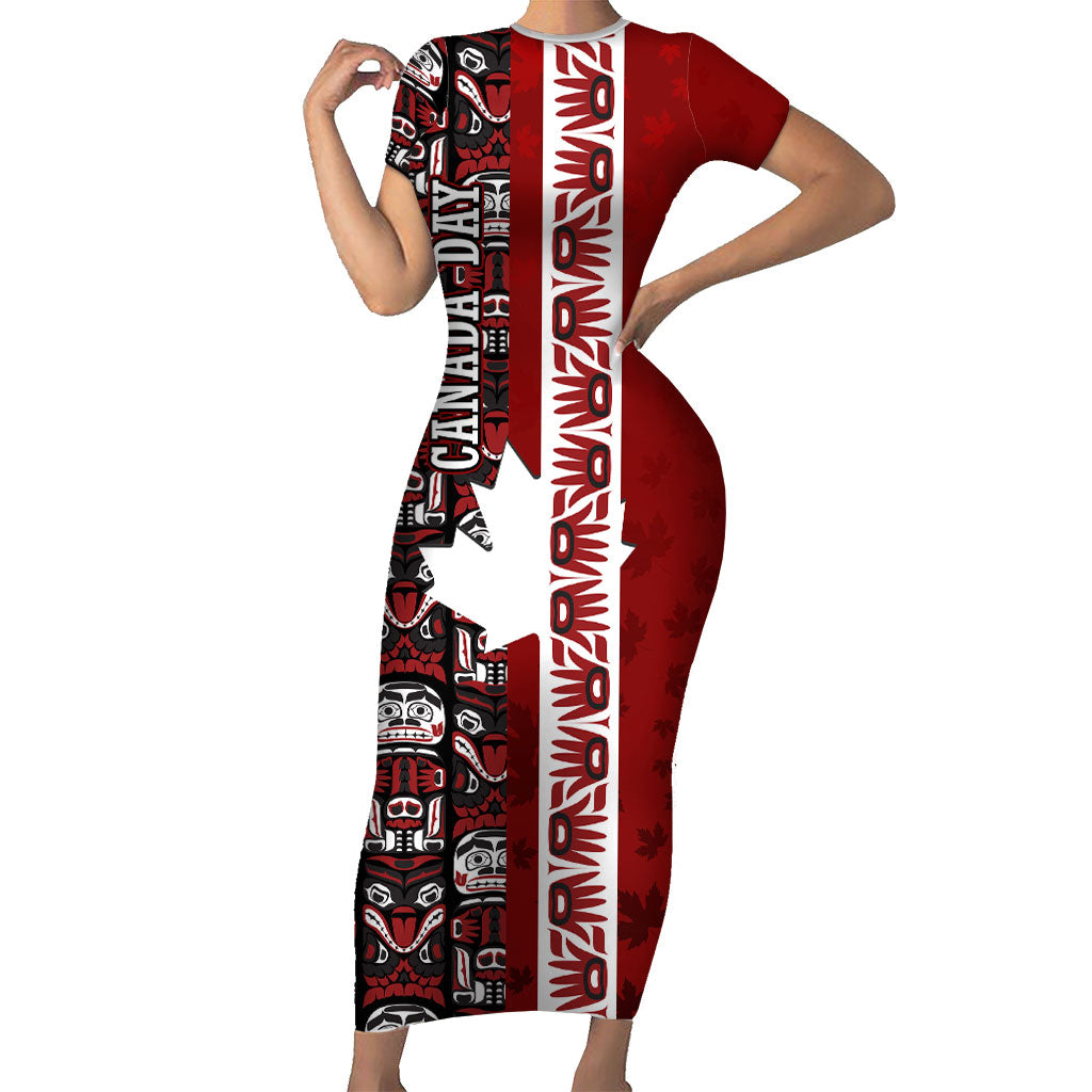 Canada Day Indigenous First Nations Short Sleeve Bodycon Dress Tribal Haida Totem Art One Nation