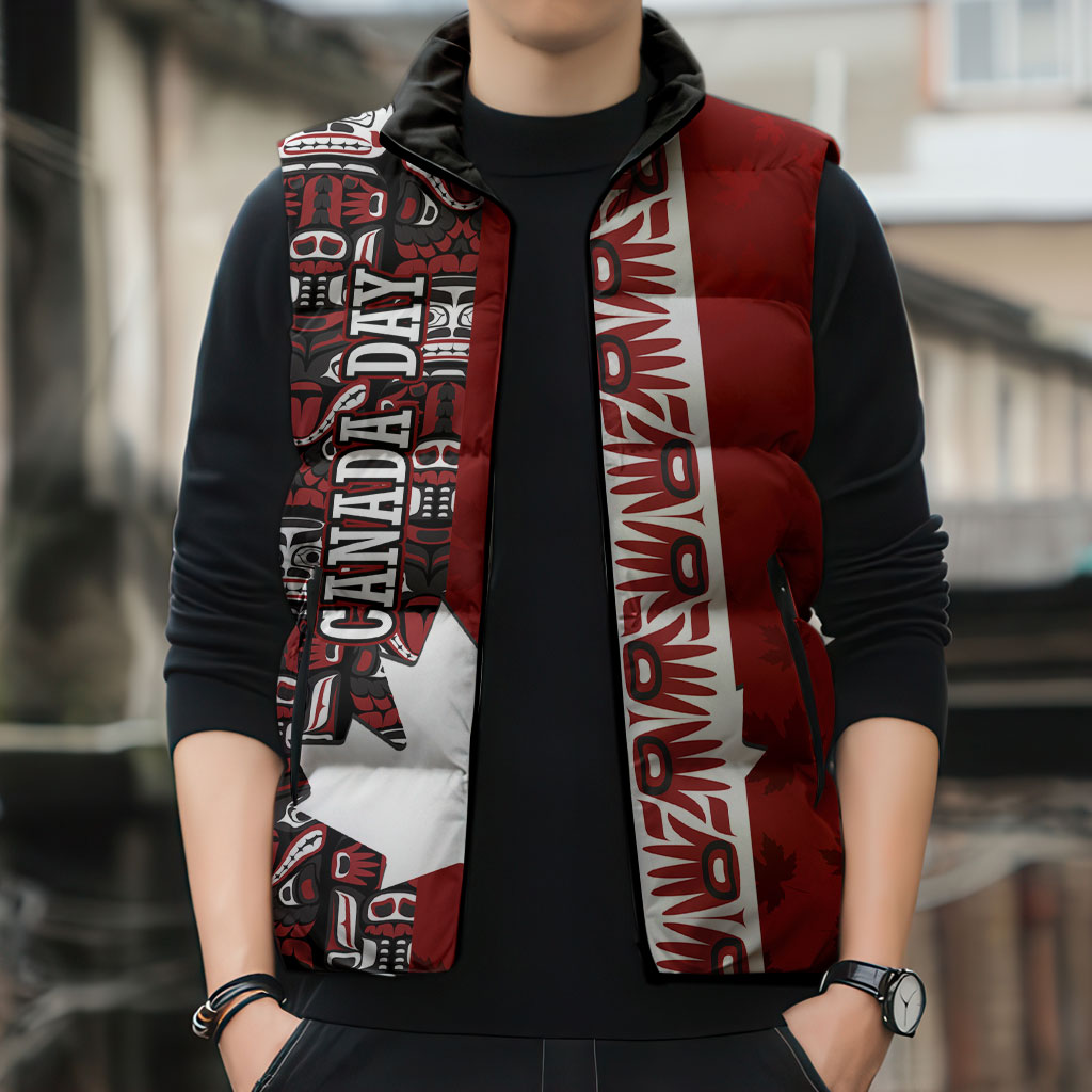 Canada Day Indigenous First Nations Sleeveless Puffer Jacket Tribal Haida Totem Art One Nation