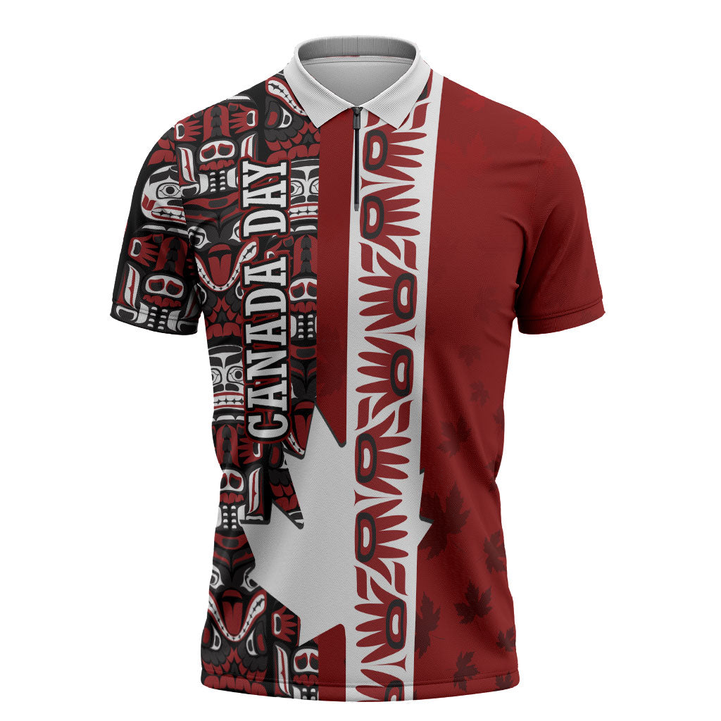 Canada Day Indigenous First Nations Zipper Polo Shirt Tribal Haida Totem Art One Nation