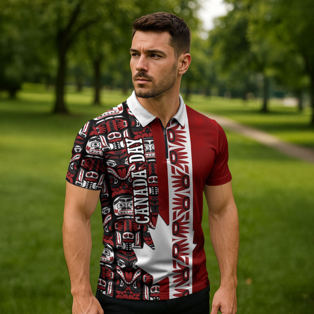 Canada Day Indigenous First Nations Zipper Polo Shirt Tribal Haida Totem Art One Nation